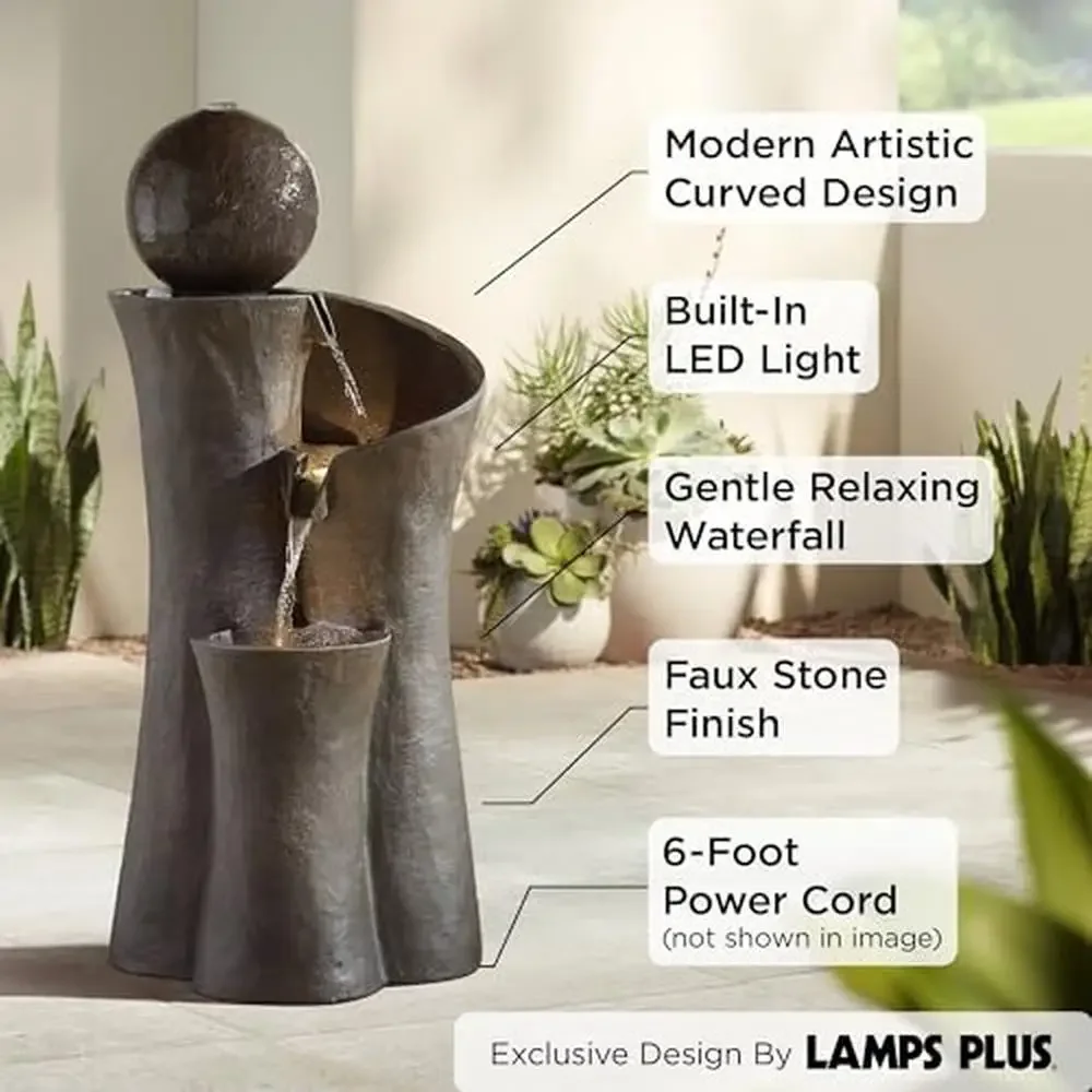 Modern Outdoor Garden Water Fountain with LED Light Resin Zen Ball Feature 39.5" High Patio Yard Deck Home Circulating Waterfall