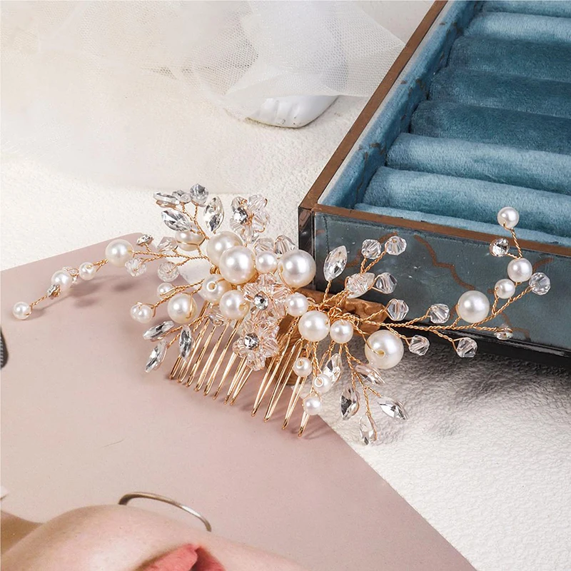 Mode Braut Perle Haarkamm Silber Gold Hochzeit Kopf bedeckung Haars pangen Kristall Perlen klassischen Schmuck Haarschmuck – Detail 8