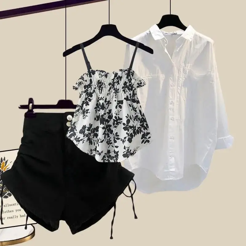 

Salt series wear 2022 summer new style slimming sexy sweet suspenders loose shirt and drawstring shorts three-piece suit