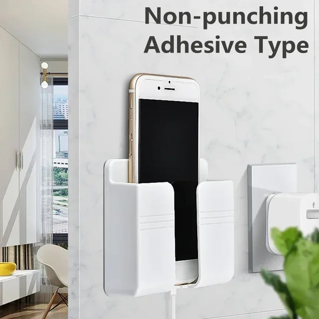 Wall Mount Phone Holder White Punch Free Wall Mobile Phones Charging Stand Lazy Sticky Remote Control Storage Box 2