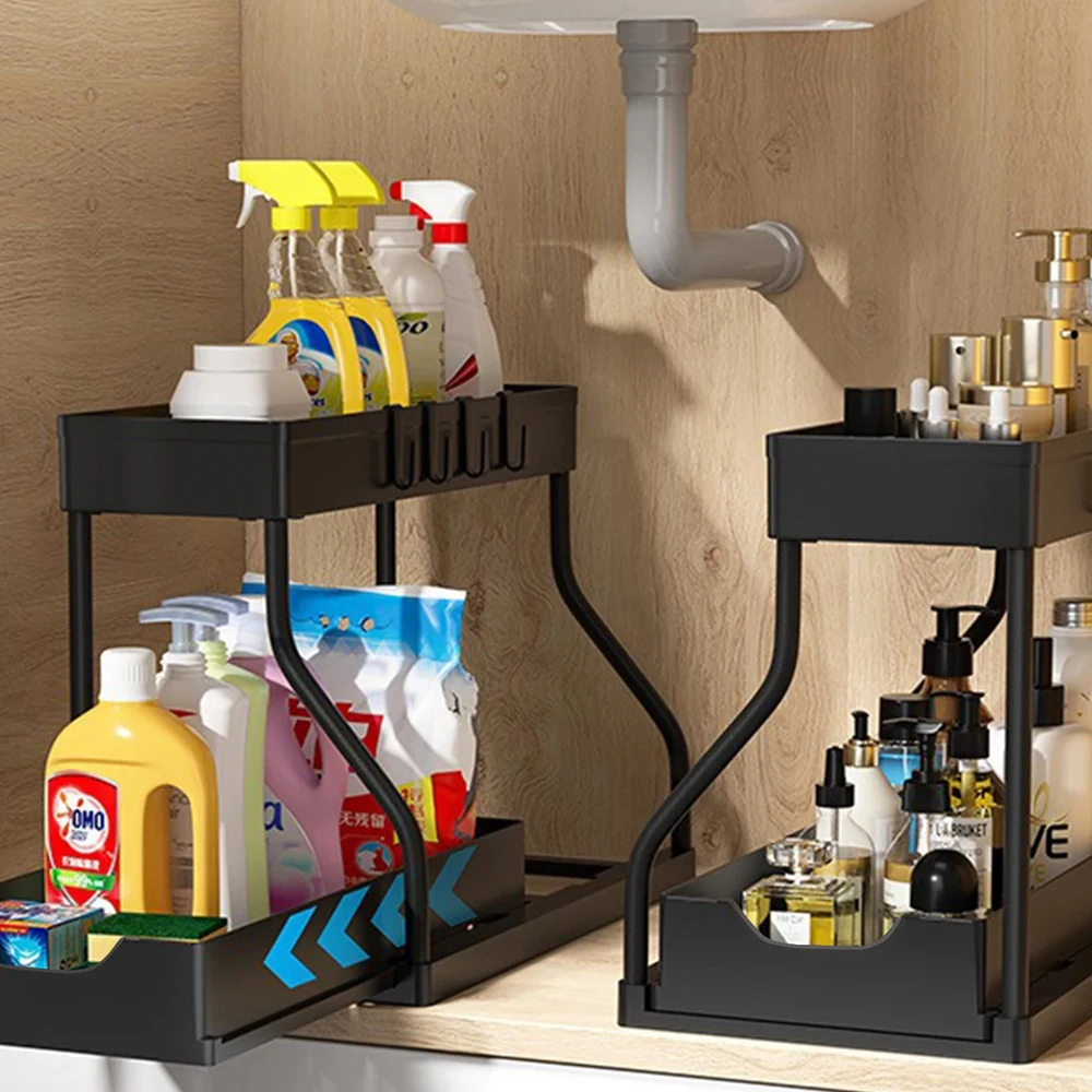 2 Tier Pull Out Organizer Under Sink for Kitchen Spices Bathroom Cosmetics Living Room Table Storage Desktop Cabinet Rack