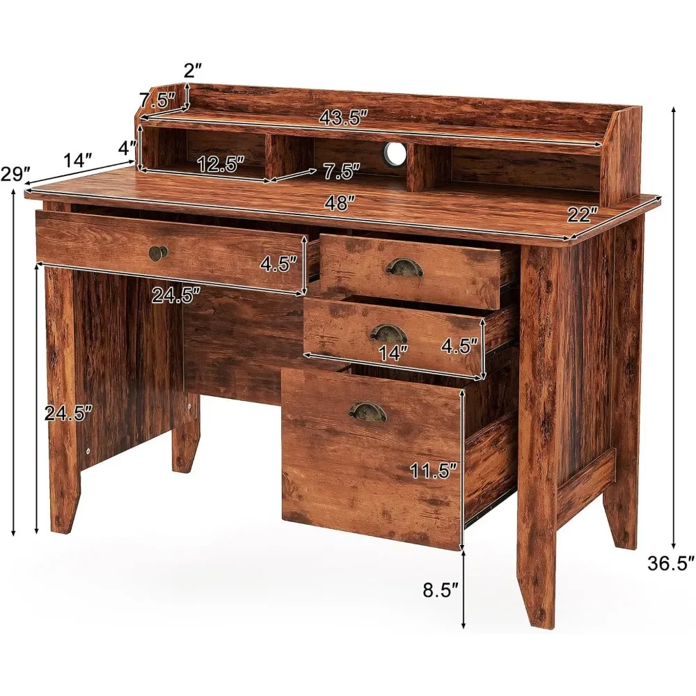 48" Computer Desk with 4 Storage Drawers，Hutch for PC Laptop Table，3 Storage Cabinets，Wood Executive Table
