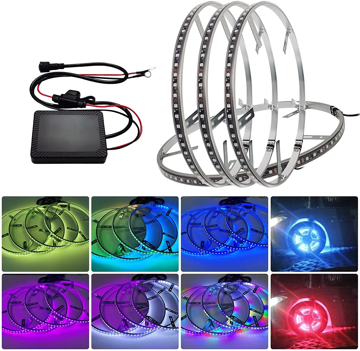 

4PC 17'' RGBW LED Wheel Rim Light 312 Led Car with BT Controller Box IP68 Truck Auto ing System