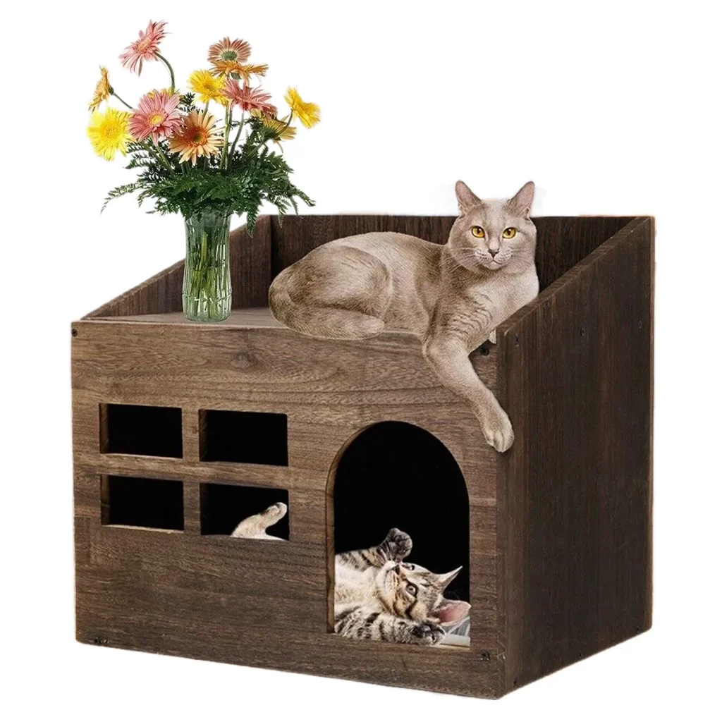 Solid Wooden Cat  Litter Box for Indoor Cat Bed Cave House Furniture with Comfortable Cushion Pad Kitten Sleep Lounge House 1