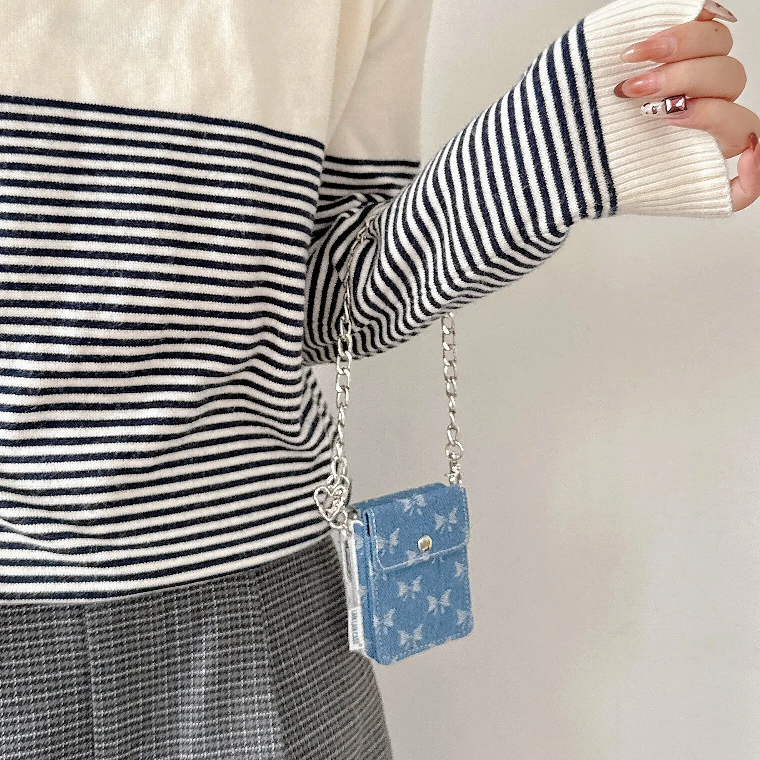 Kawaii Bow Knot Denim Phone Case with Card Holder and Lanyard