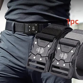 Men's fashionable waist belt, metal buckle, durable PP material, black, suitable for outdoor and casual wear, perfect for hiking