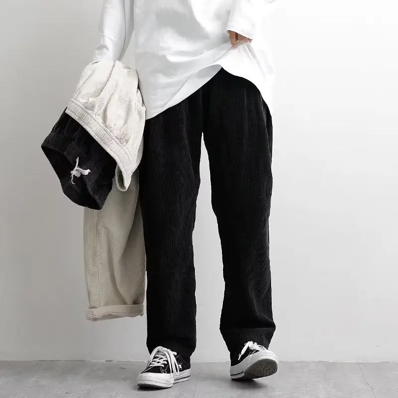 2023 Autumn KPOP Fashion Style Harajuku Slim Fit Trousers Loose All Match Corduroy Casual Pants Solid Pockets Straight Leg Pants
