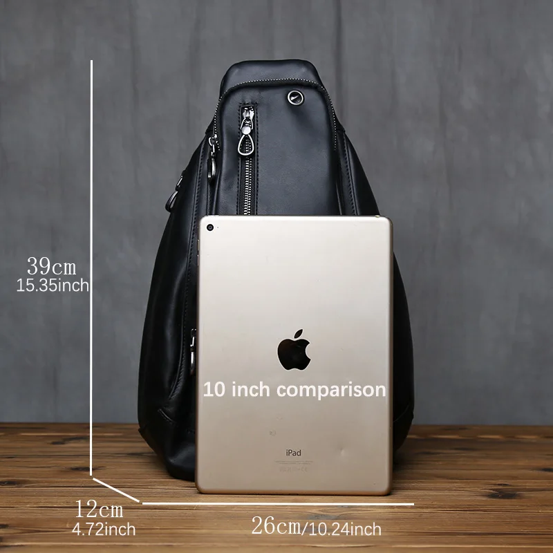 NZPJ Genuine Leather Men's Casual Chest Bag Large Capacity Solid Color Crossbody Bag Top Layer Cowhide Men Bag for 10-Inch iPad