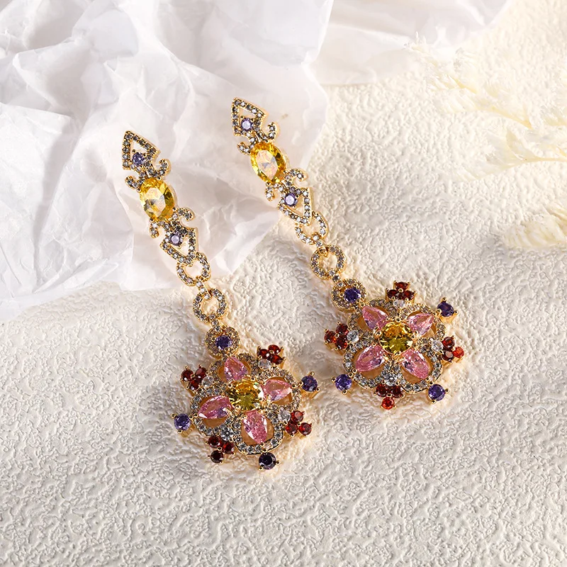 Fashion Wedding Party Statement Tassel Dangle Earrings 925 Silver Needle Cubic Zirconia Colorful Jewelry Gold Plated