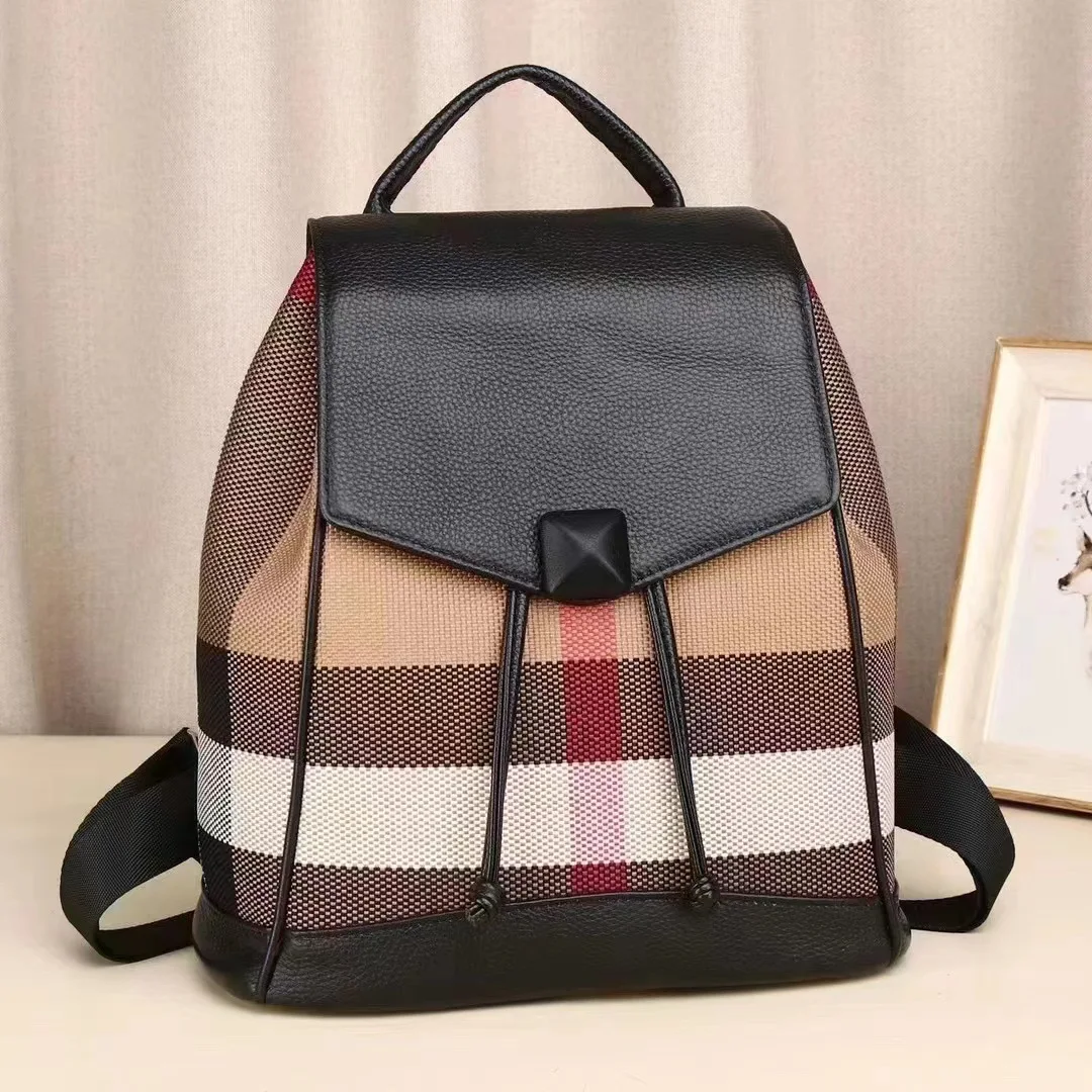 

Genuine Leather Backpack Checked Cloth Fashion Luxury Women High Quality Women's Commuting Bag Casual Female Canvas Backpacks