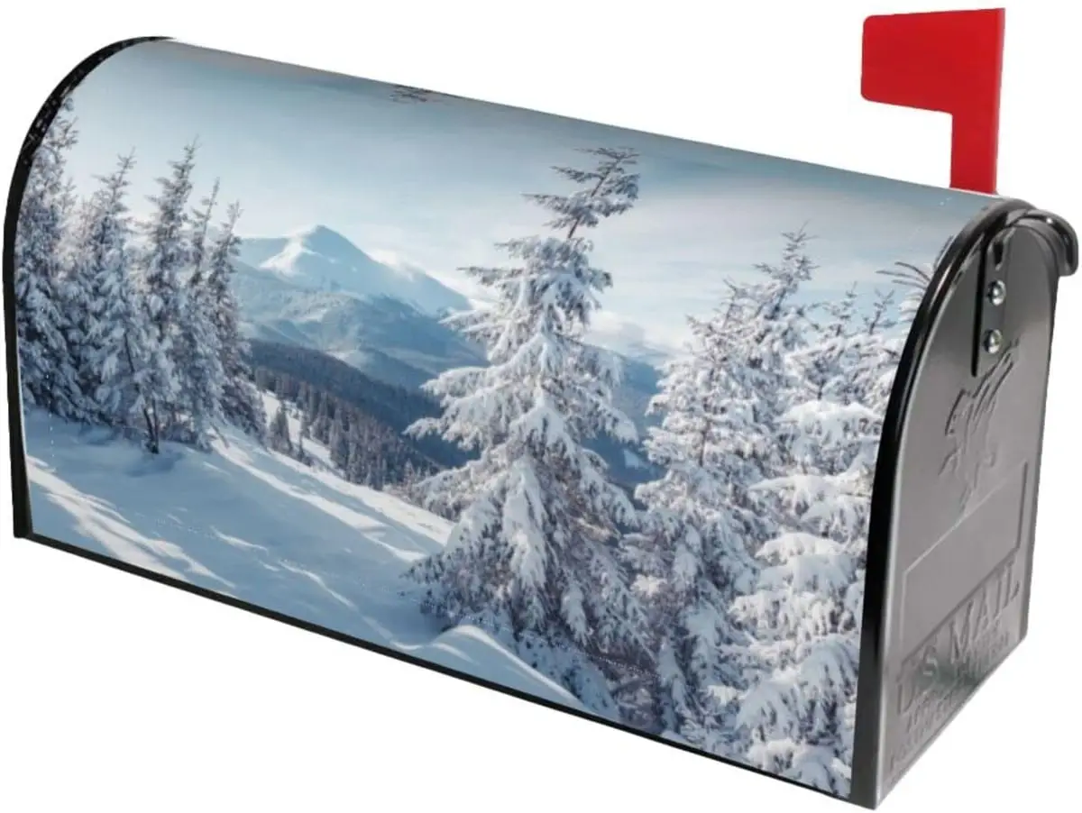 Magnetic Mailbox Cover Pine Trees Covered with White Snow Post Box Cover Wrap Winter Nature Scenery Mountains Print Decoration