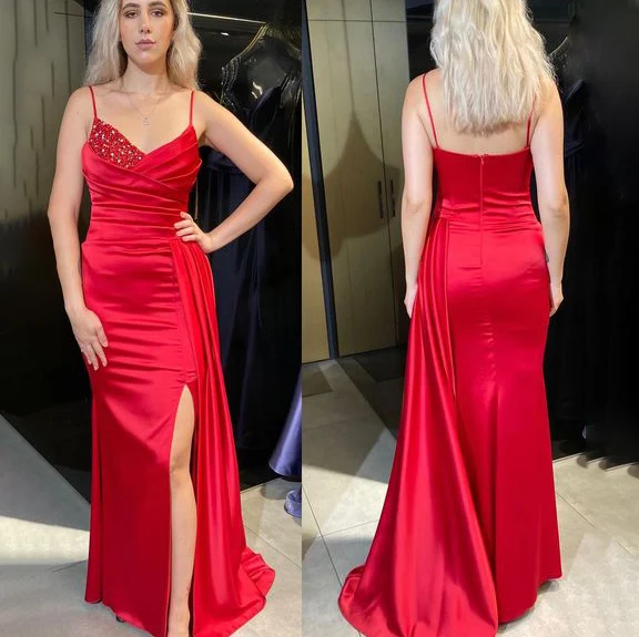 

Eightale Red Mermaid Evening Dress for Wedding Party 2022 Spaghetti Strapless Side Slit Satin Beaded Floor Length Prom Gown