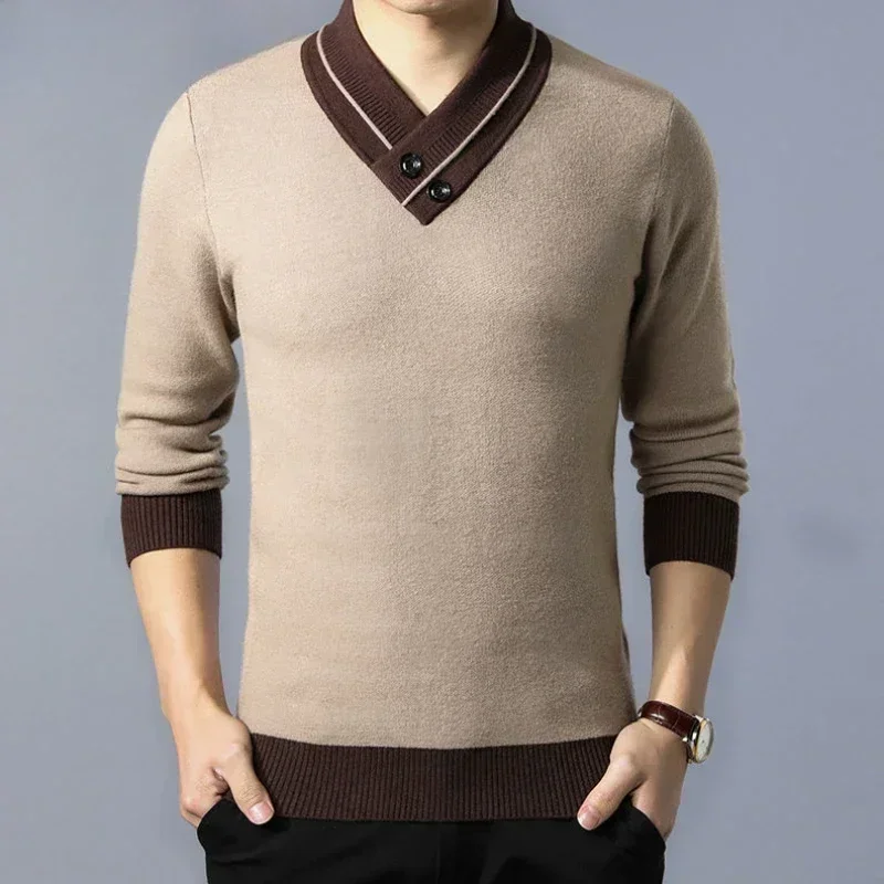 thumbnail image 1 of Suéteres de punto para hombres Jerseys de negocios empalmados Ropa de hombre beige Cuello en V Pedido Cálido Barato Invierno 2024 Diseñador Lujo Divertido X, 1 of 4
