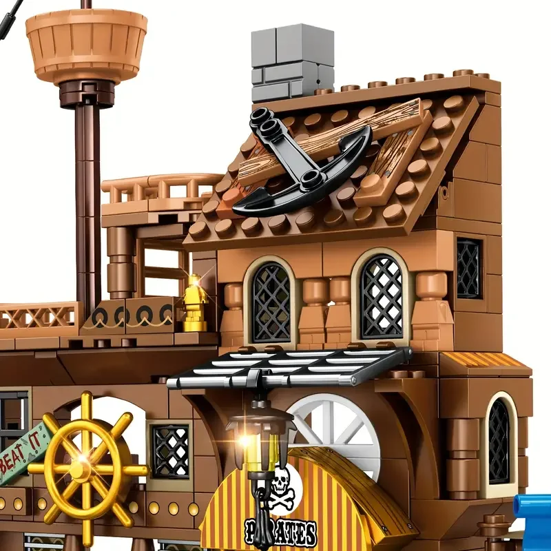 Creative Medieval Pirate Island Fortress Castle Building Blocks Adventure Ship Log Cabin Model Boat Assemble Bricks Toy Kid Gift 4