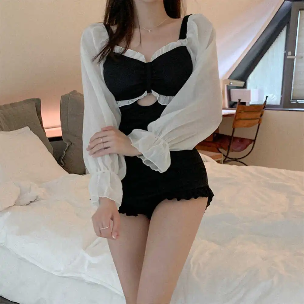 Korean Ins Fashion Sexy Fairy Style Long Sleeve Sunscreen Show Slim Chest Gathered Together with Ear Edge One-piece Swimsuit