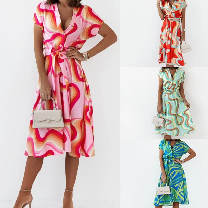 

Женское Повседневное платье макси в горошек, асимметричное черное платье с коротким рукавом и V-образным вырезом, длинные платья на шнуровк...