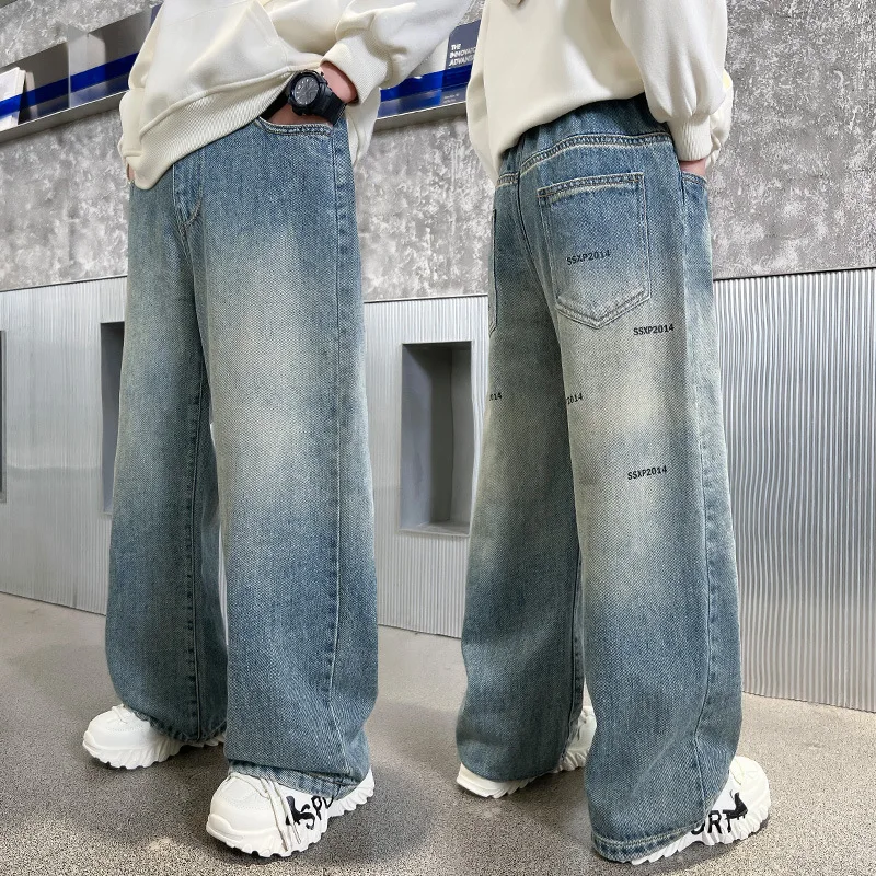 2026 Autumn New Children letters Denim Pants Children Loose Casual Cotton Casual Trousers Korean Style Teens Boys Straight Jeans 1