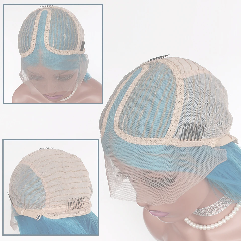 Sky Blue Synthetic Lace Front Wigs Ice Blue Color Silky Straight Hair Party Cosplay Daily Wear T Part Lace Wig