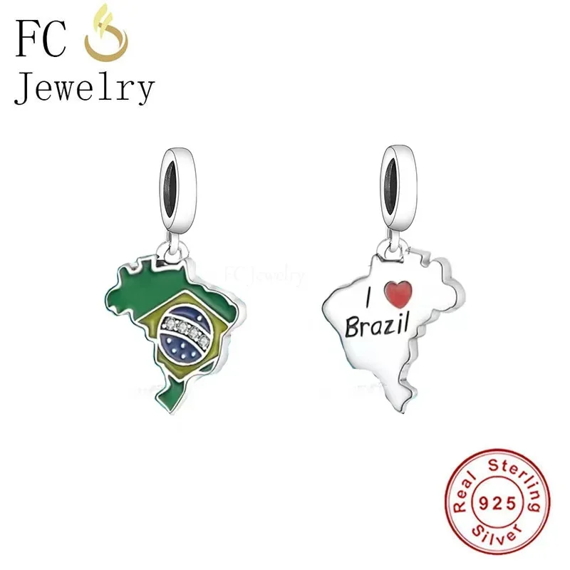 

Fit Original Pandora Charms Bracelet 100% 925 Sterling Silver I Love Brazil Enamel Flag Bead For Women Berloque 2024 New