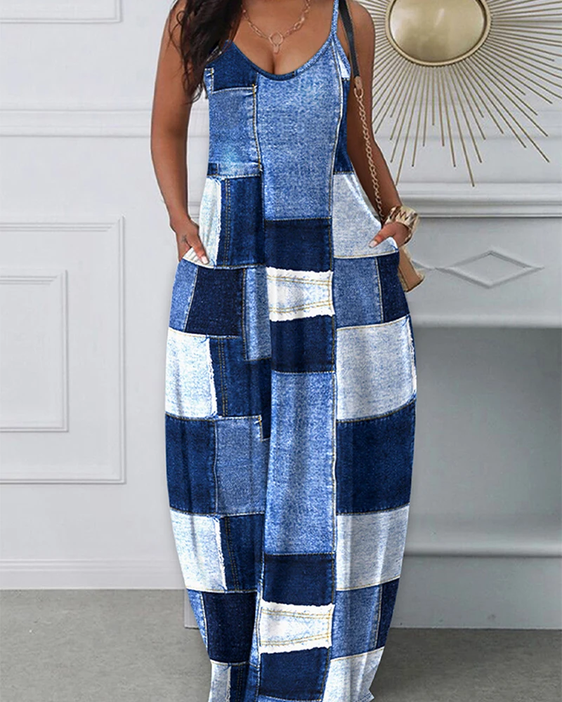

Women’s Imitation denim Dress Pocket Lattice Robe Casual Long Dress U-Neck Cami Girls Top Sleeveless Party Dress Female Clothes