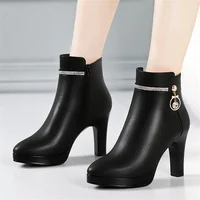 Comfortable Fashion Soft Leather Winter Shoes Platform Boots 2024 Elegant Black Block High Heel Plush Non-slip Ankle Boots - Image 3