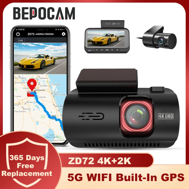 Bepomam Zd72 4K Dash Cam Gps 5G Wifi Integrato Telecamera Dvr Per Auto Con Camma Posteriore Per Veicoli 4K + 2K Dual Channel 170Fov Registratore Autom