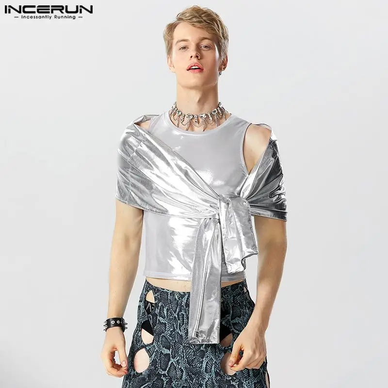 

Топы INCERUN 2023, модный мужской жилет из блестящей ткани в американском стиле, повседневный мужской укороченный топ без рукавов с круглым вырезом, блузка