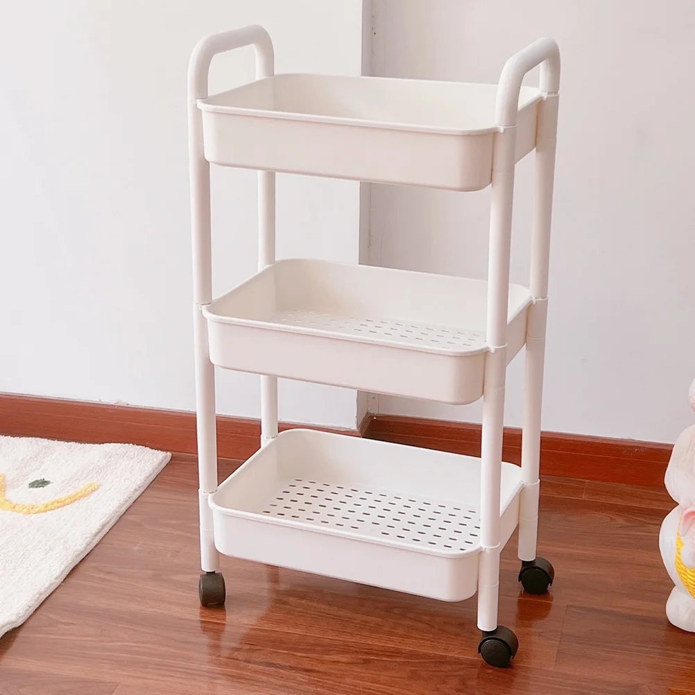 White Two Tier Multi Functional Storage Rack Kitchen Trolley Bathroom Cart With Wheels Mobile Bookshelf Utility Rolling Cart