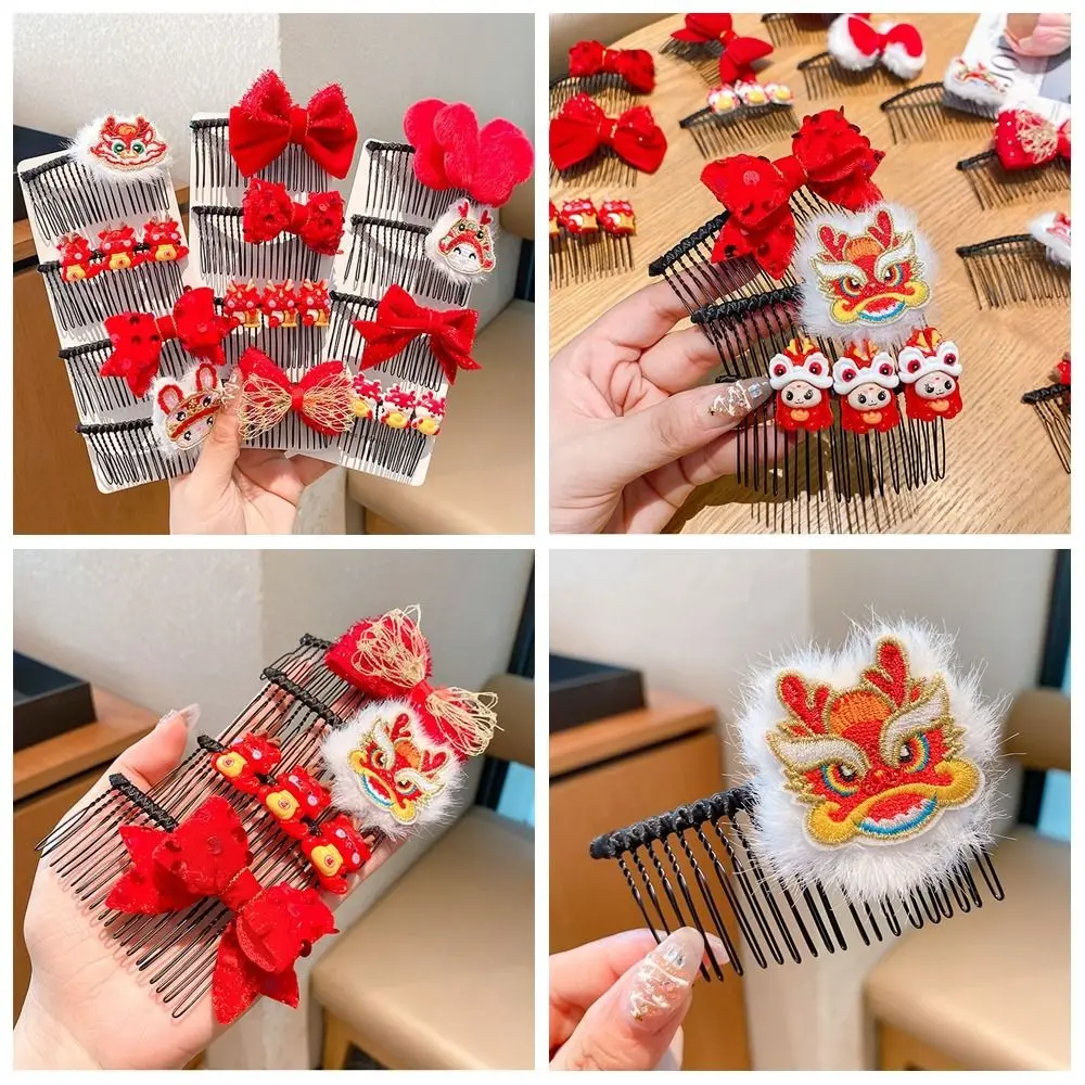 Embroidery Children Red Hairpin Dragon Hair Clip Lion Dance Hair Comb Bow Ancient Style Hairpin Chinese New Year Headwear Baby