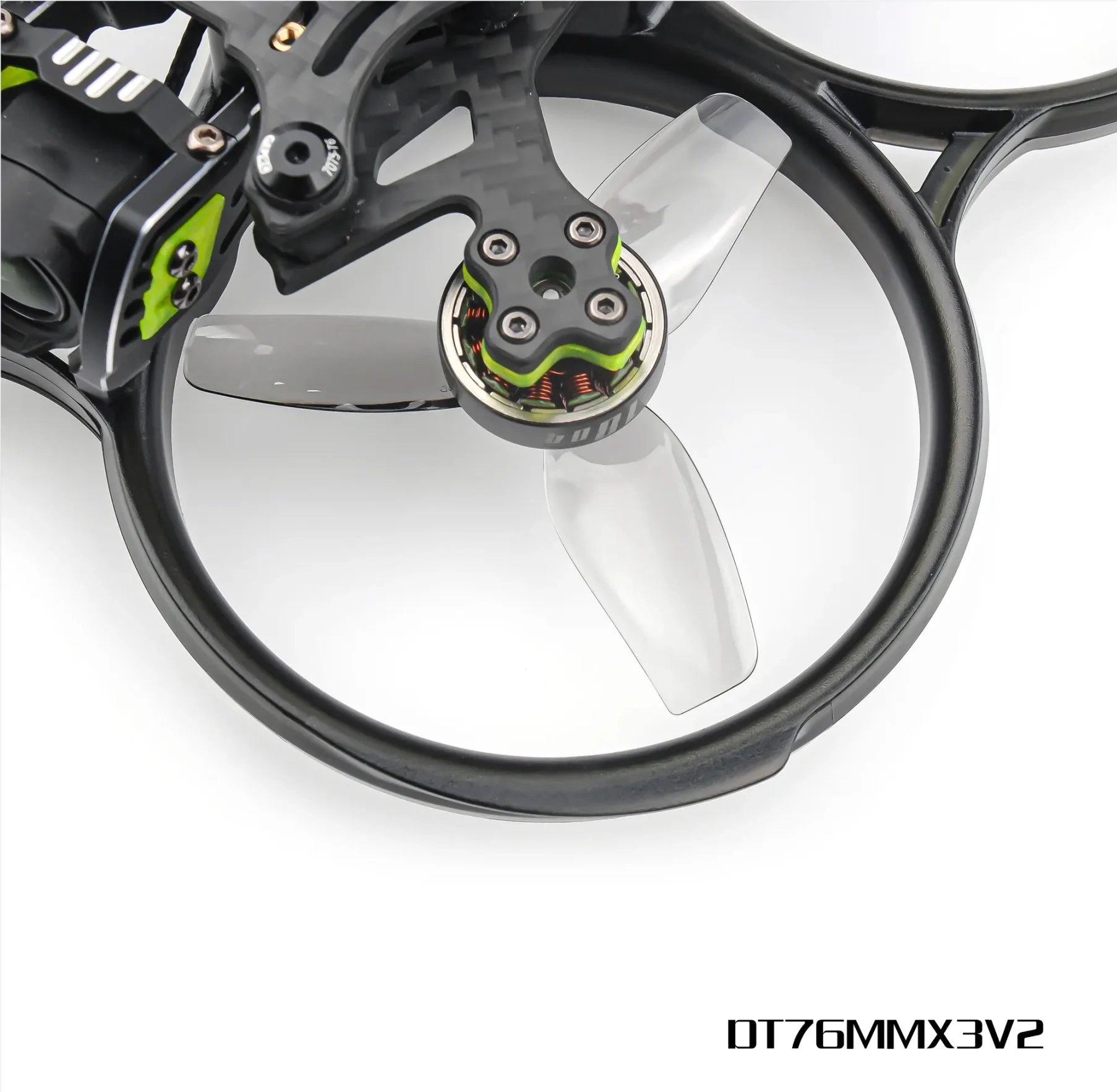 Hélices 76mm pour drone FPV Micro, vues de face et de profil, polycarbonate transparent.
