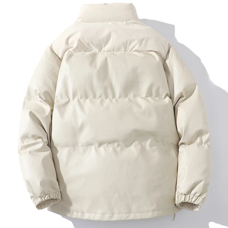 PU Leather Coat Men's Winter Thicken Thermal down Cotton-Padded Jacket Loose Trendy Handsome Stand-up Collar Coat Cotton-Padded