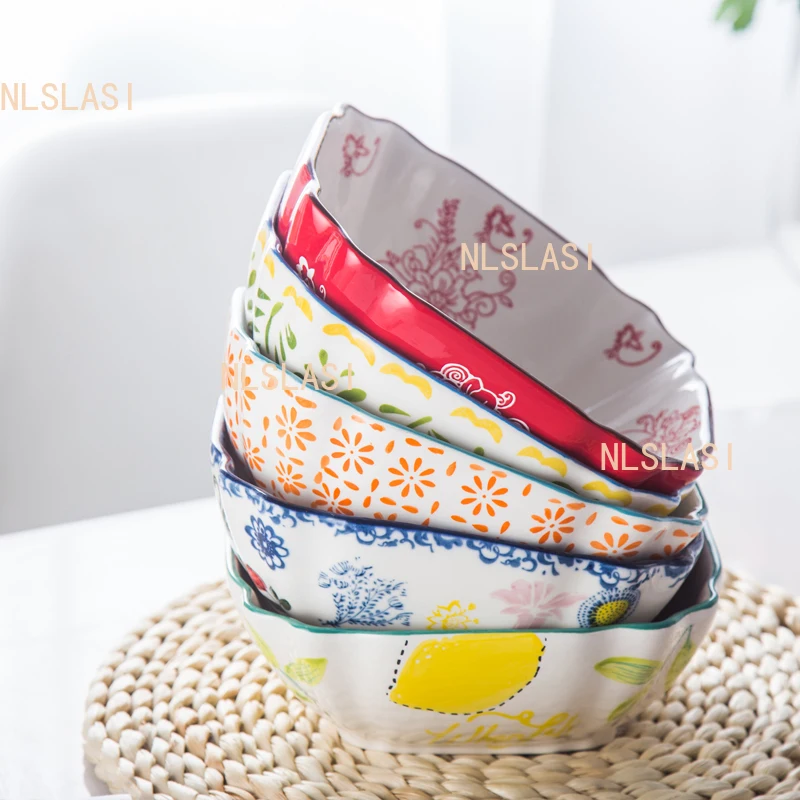 1pcs Creative Large Ceramic Bowl, Household Bowl, Japanese Tableware Set, Cute Animal Pattern, Underglaze Color Fruit Bowls