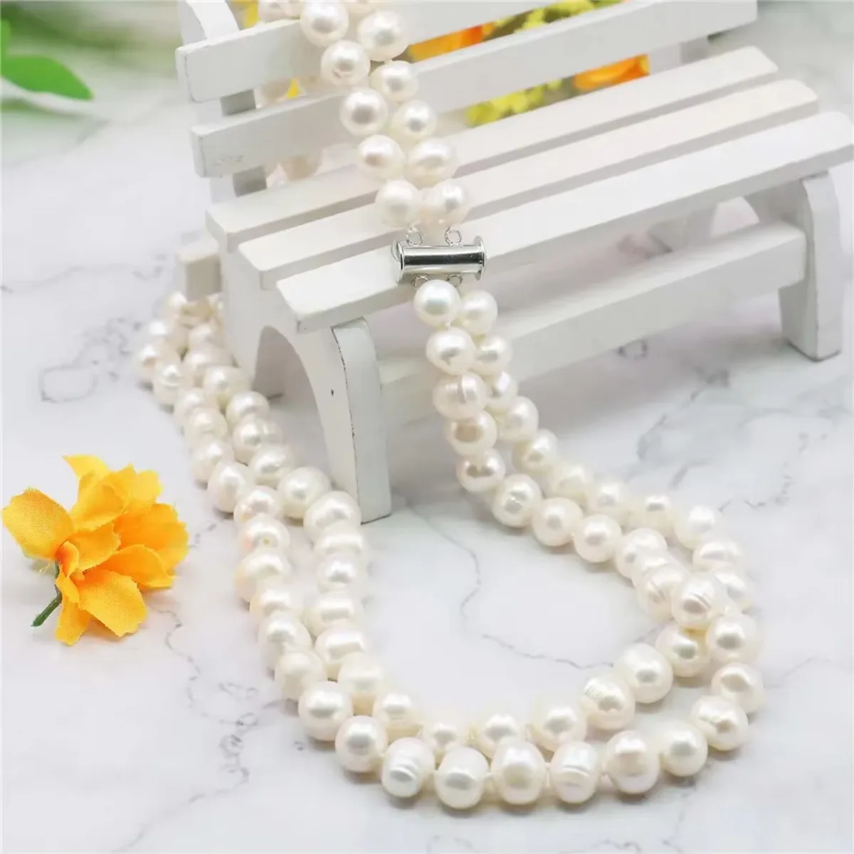 8/10/12mm White Akoya Shell Pearl Necklace - 18" Hand-Knotted With Magnetic Clasp, AAA Quality