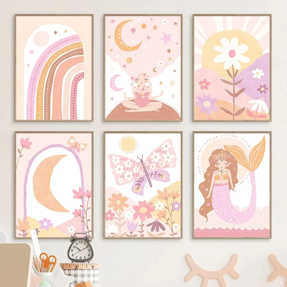 Pink Mermaid Girl Butterfly Sun Rainbow Flower Nursery Wall Art Canvas Painting Posters And Prints Wall Pictures Kids Room Decor