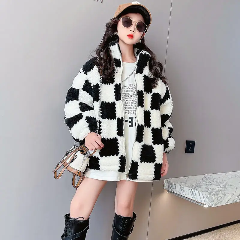 

2023 New Winter Plush Woolen Girls Jacket Plaid Pattern Thick Keep Warm Fashion Coat For Kids Children Outdoor Teenage Outerwear