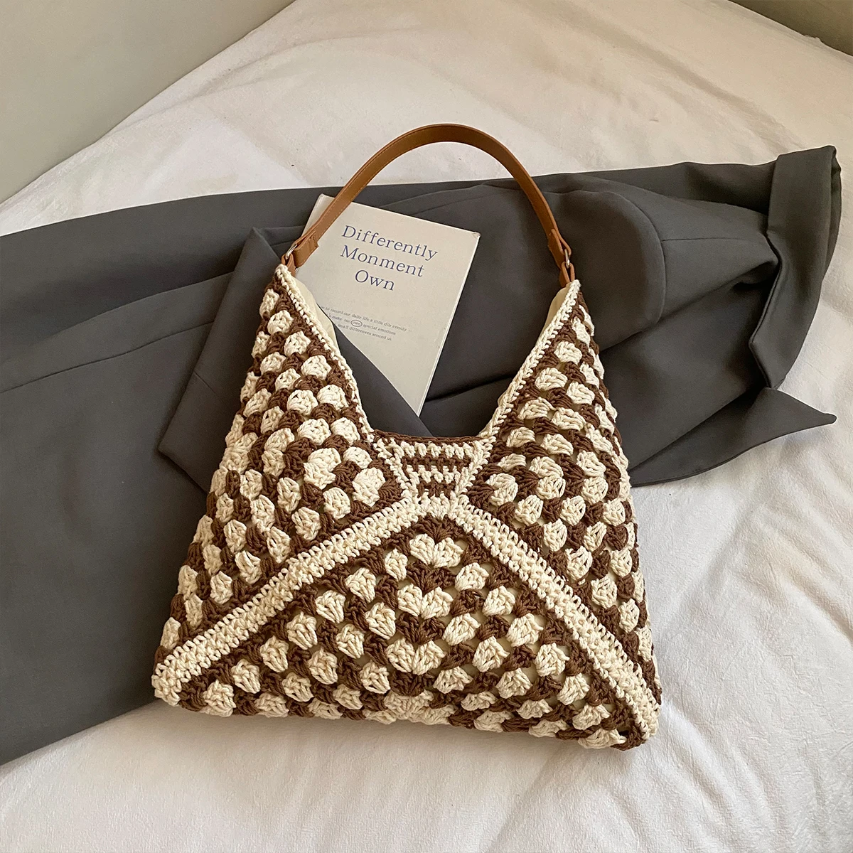 Winter Knitted Wool Bag for Women, Large Capacity, Commuter Shoulder Bag, Underarm Bag, Niche Versatile Handmade Woven Tote Bag for Shopping, College Students