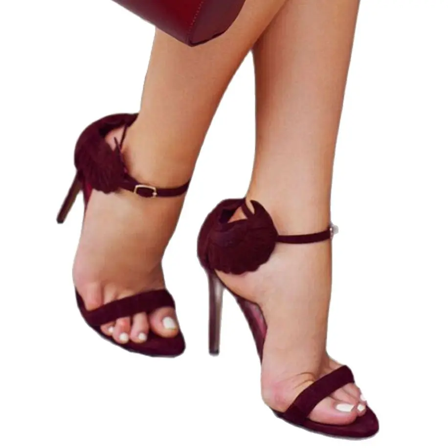 

summer elegant woman wine red suede sandals charming wings decorated ankle buckles design open toe high heeled sexy pumps