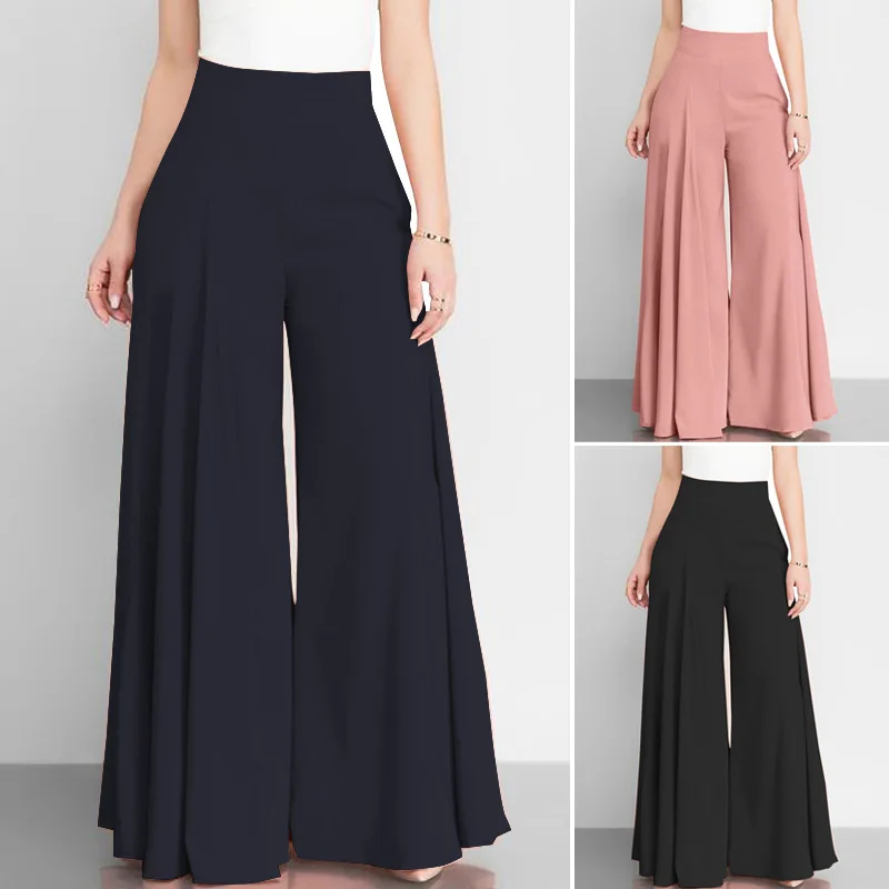 

Women Elegant High Waist Wide Leg Pants 2022 Spring Vintage Flare Trousers Casual Solid Zipper Pantalon Female Palazzo plus size