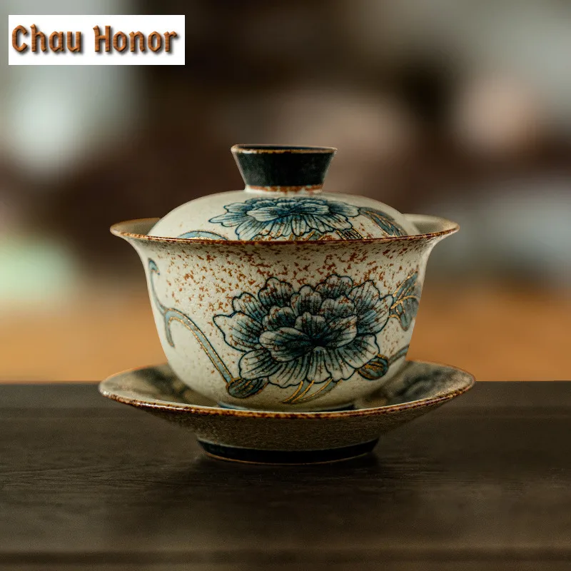 160ml Blue And White Flint Red Gaiwan Handmade Gold Drawing Peony Tea Tureen Tea Maker Cover Bowl Chinese Kung Fu Tea Set Craft