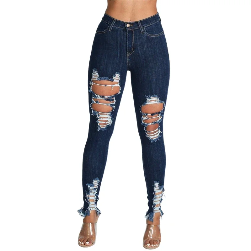 

Sexy Ripped Hole High Elastic Jeans Denim Pants Pantalones De Mujer Fashion Dark Blue Skinny High Waisted Pencil Pants Trousers