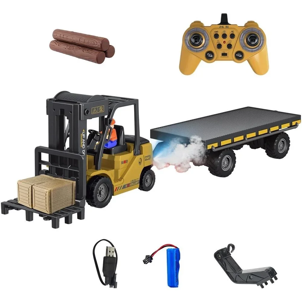 2In1 Rc Forklift Truck with Trailer Remote Control Car Engineering Vehicles Cranes Liftable Spray Simulated Sound Toys Gifts