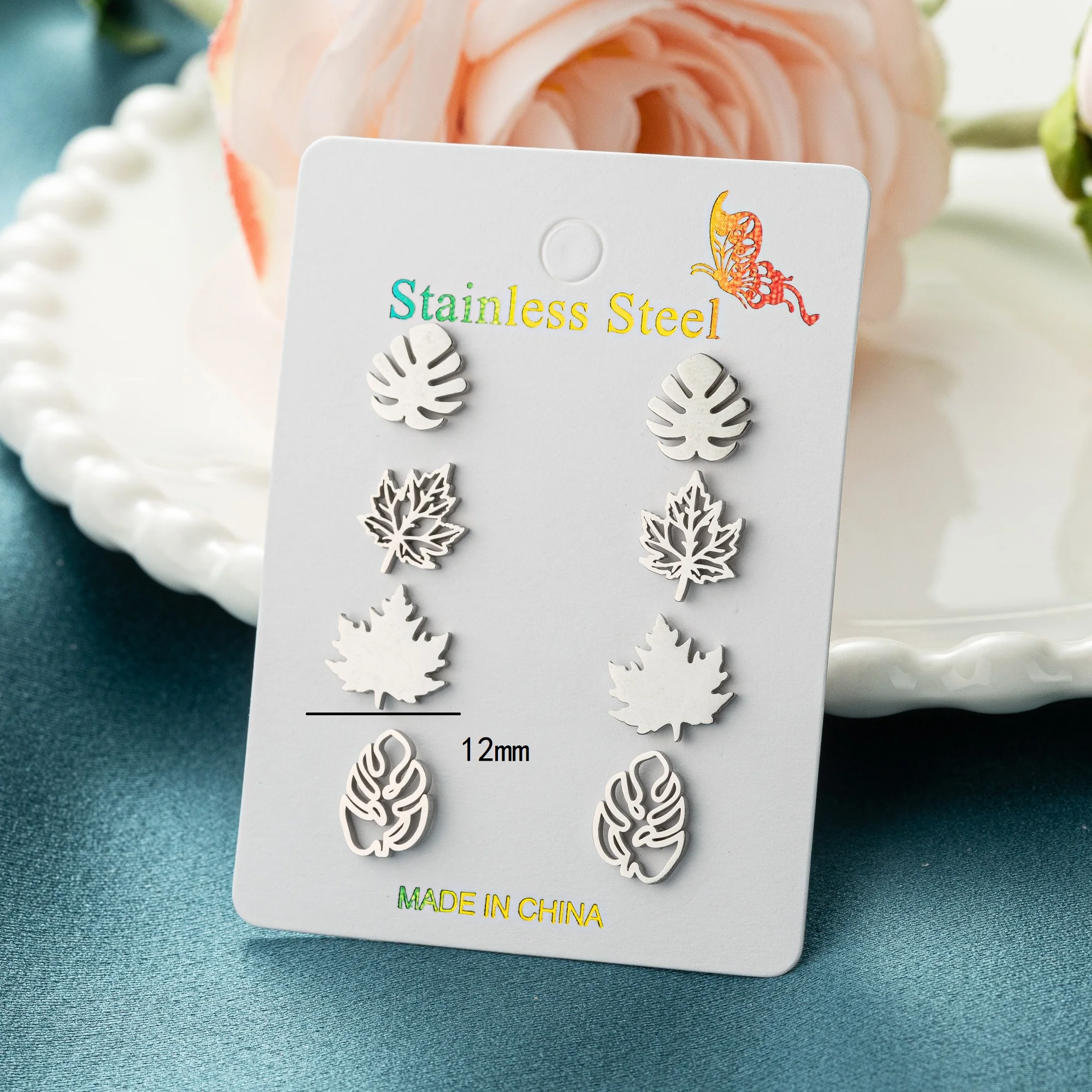 Shuang shuo 4 paare/satz kleine Edelstahl Ohrringe Modeschmuck Bohemian Pflanze Ahornblätter Ohr stecker Pen dientes Geschenk – Detail 8