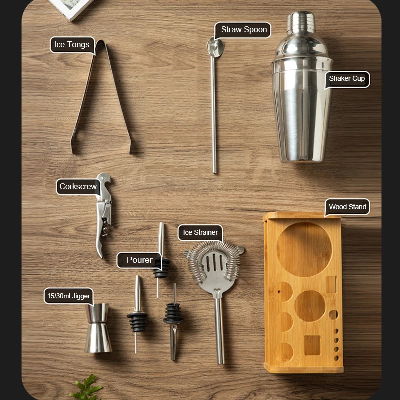 1-10Pcs/Set 750ml 750/600ml Cocktail Shaker Shakers With Wood Stand Bartender Bar Tools