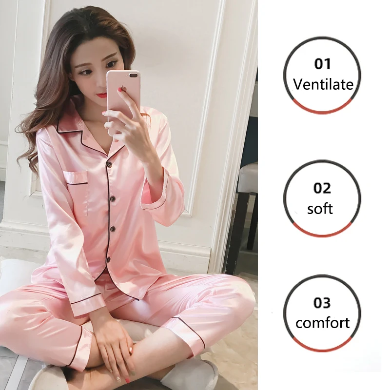 Autumn Winter Women’s Ice Silk Pajama Set Long Sleeve Cardigan 4