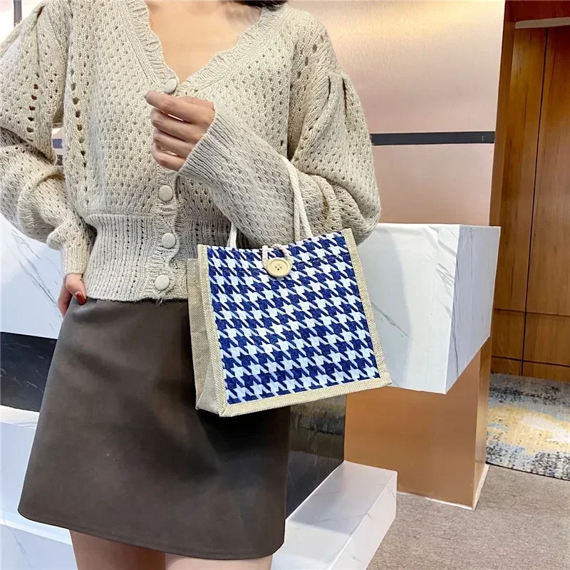 여성용 점심 가방 Houndstooth 작은 점심 가방 식품 보관 토트 백 기능성 휴대용 여행 피크닉 야외