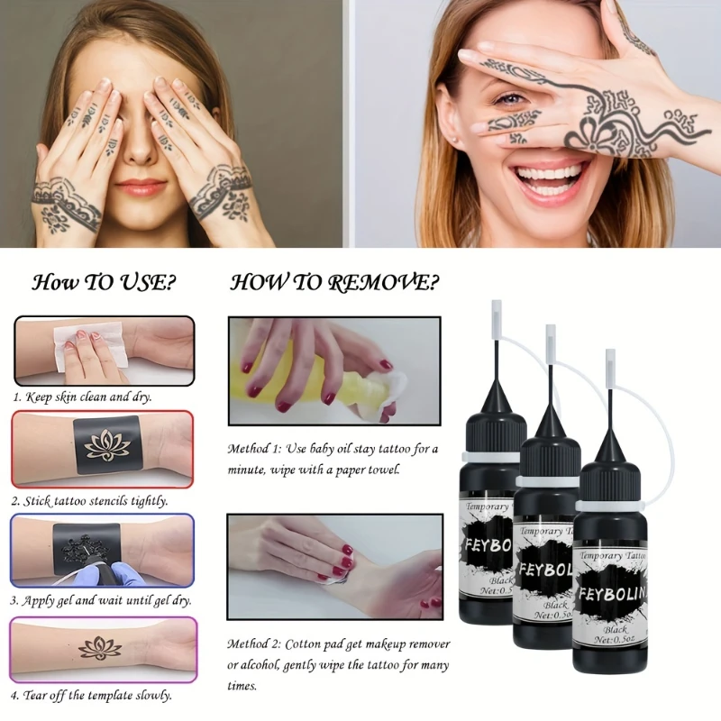 Gel per tatuaggi temporanei nero con set di modelli. Crema per pittura body art Pasta per tatuaggi all'henné Crema Pasta di succo per tatuaggi body art - immagine 4