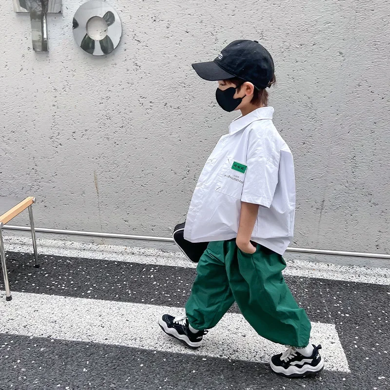 Imchildren 남아용 셔츠, 한국 버전, 파인 빗 코튼, 다목적 루즈핏 가디건, 어린이 심플한 순수 소매 탑