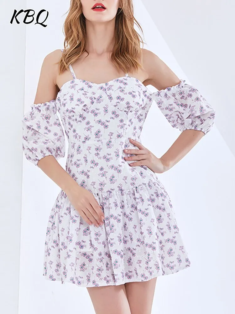

KBQ Elegant Printing Mini Dress For Women Square Collar Puff Sleeve Off Shoulder High Waist Backless Camisole Dresses Female New