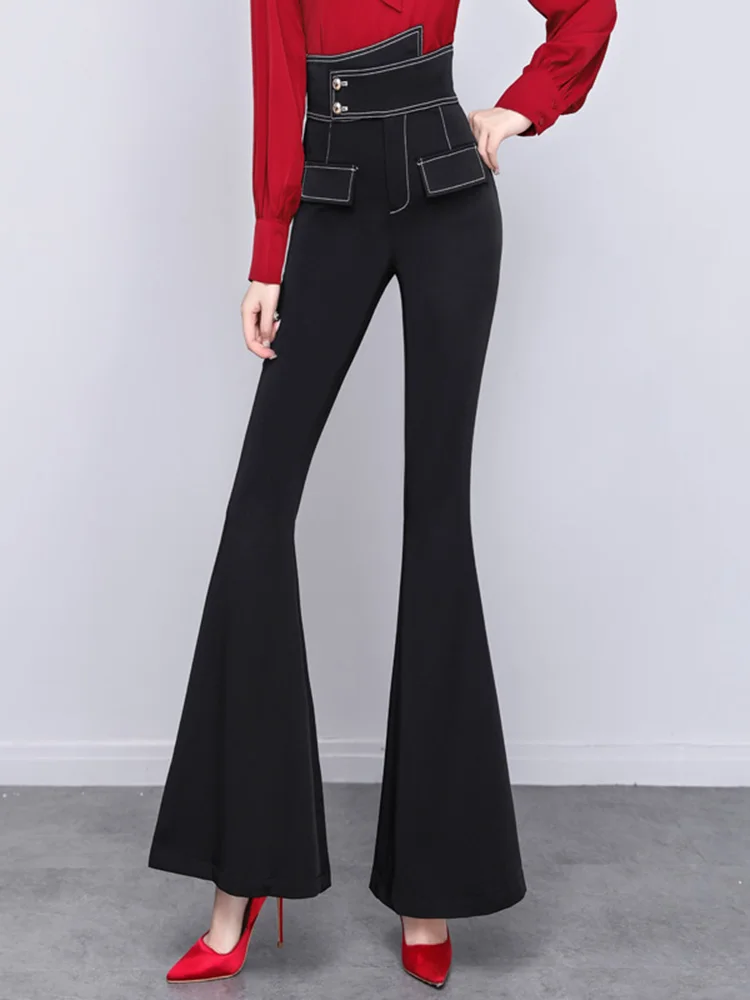 

2022 Autumn New Irregular Top Line High Waist Boot Cut Pants Women's Drape Black Office Lady Casual Trousers F245