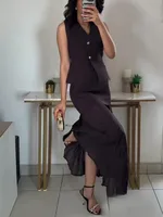 KONDALA Vintage Chic Women Knitted Suit VNeck Sleeveless Top Straight Long Spliced Skirt Fashion 2025 Spring Suit - Image 2